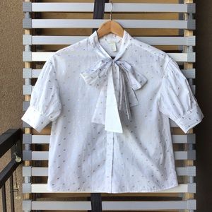 H&M Gold Bow White Pleated Blouse Shirt w Shimmer